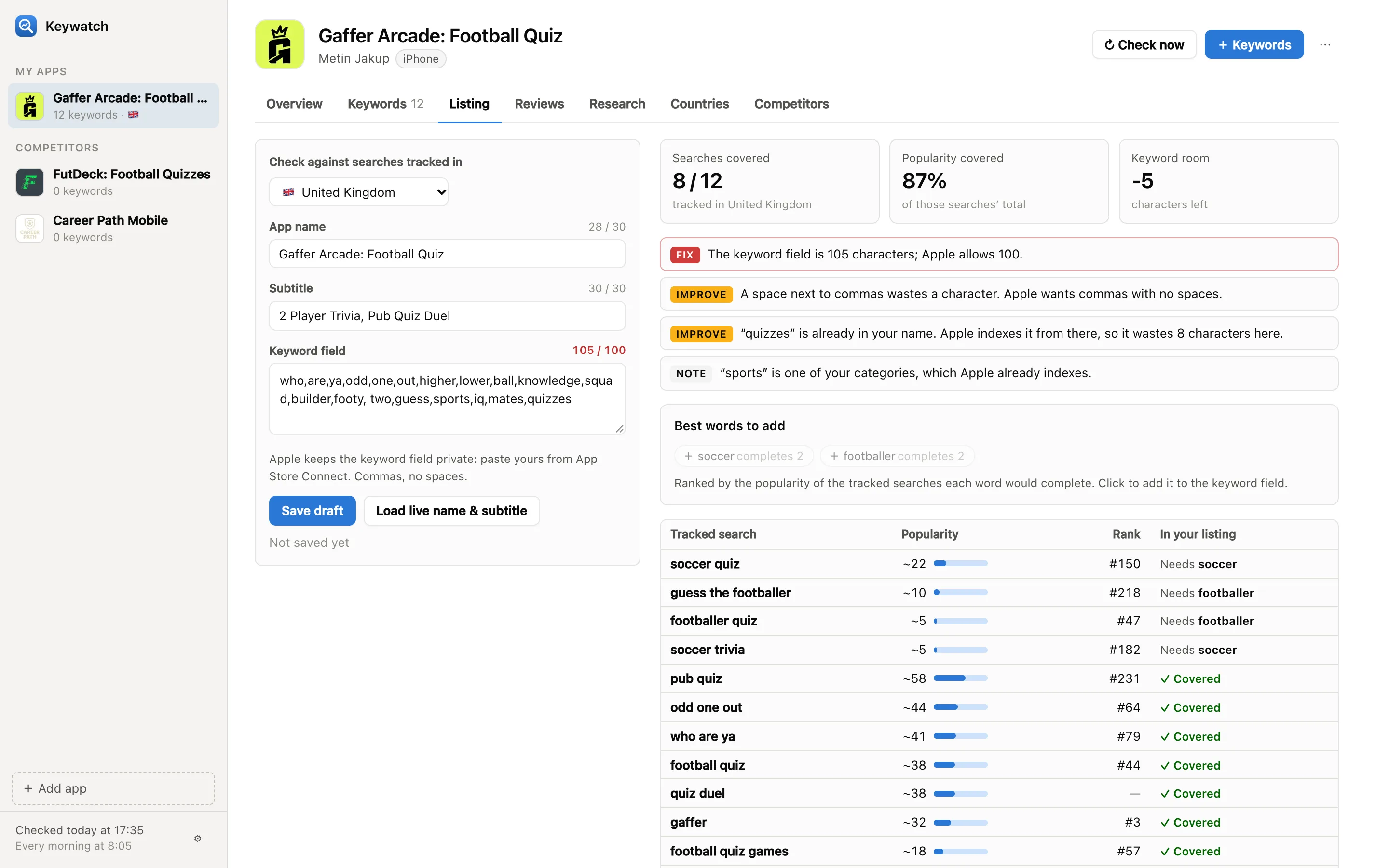 The listing checker with character counts, issues and the best words to add